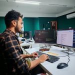 Software developer working at a dual-monitor coding setup